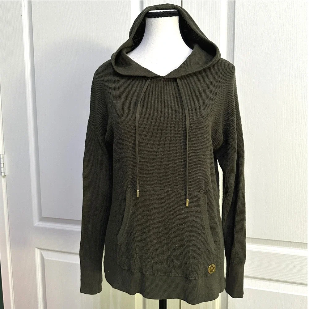 Michael Kors Waffle Knit Hoodie M Olive Green Logo Pullover Quite Luxury Preppy